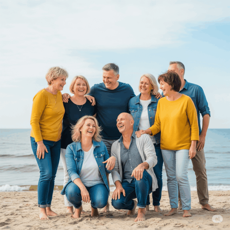 Menschen im mittleren Alter stehen am Strand der Ostsee