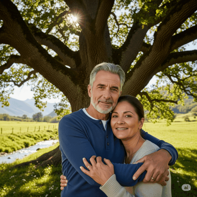 Mann und Frau im mittleren Alter vor einem Baum