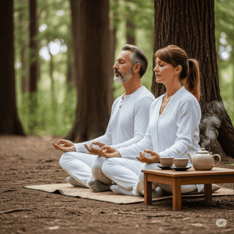 Ehepaar mittleren Alters sitzt in Naturkulisse und meditiert