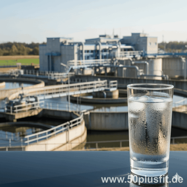 Ein Glas saubefres Trinkwasser und im Hintergrund ein modernes Klärwerk