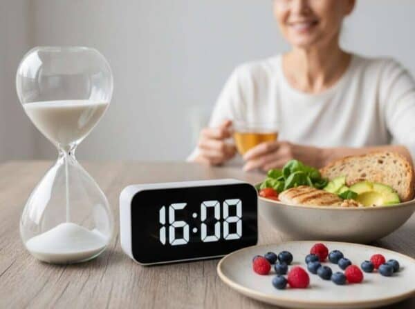 Frau beim Intervallfasten mit Timer, Frühstück und Wasser im Alltag.